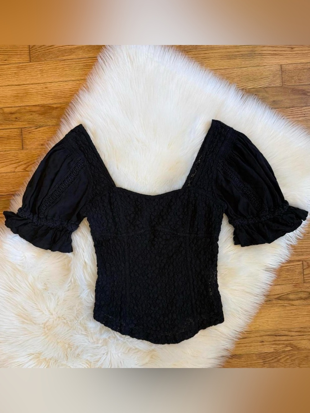Free people black spring fling crotchet puff sleeve top